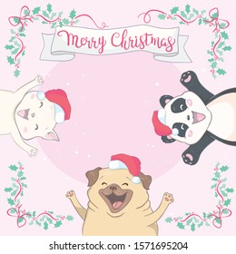 Merry Christmas and happy new year. Set Animal head dog, panda, cat with santa hat.