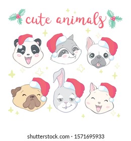 Merry Christmas and happy new year. Set Animal with santa hat. Vector character hand drawn illustration isolated on white background