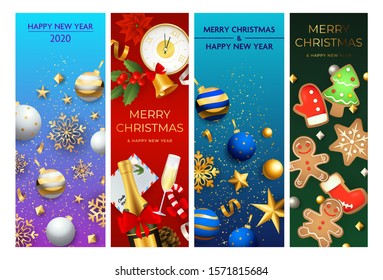 Merry Christmas and Happy New Year greeting flyers with baubles. Lettering text with decorations can be used for invitation and greeting card. Holiday concept