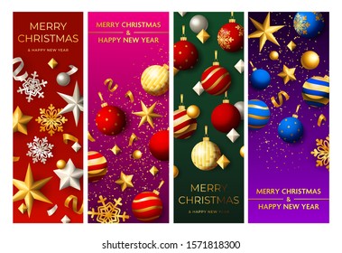 Merry Christmas and Happy New Year banners with baubles. Lettering text with decorations can be used for invitation and greeting card. Holiday concept