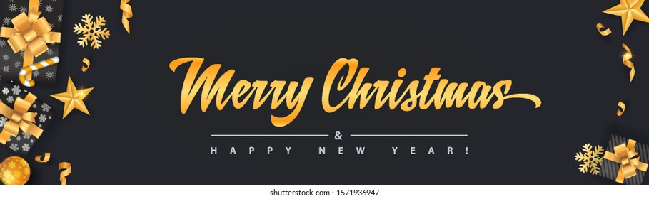 merry christmas and happy new year black background banner template with gold glitter elements and calligraphy vacation star party black abstract holiday background scene new gold ceremony performance