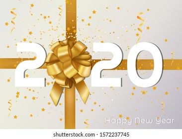 Merry Christmas and Happy New Year 2020 vector greeting card and poster design with golden ribbon and present.Vector illustration 