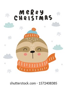 Merry Christmas and Happy New Year poster with cute sloth and congratulation slogan. Vector cartoon doodle isolated illustration. Winter holidays, baby shower, birthday, children's party