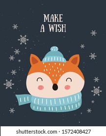 Merry Christmas and Happy New Year poster with cute fox and congratulation slogan. Vector cartoon doodle isolated illustration. Winter holidays, baby shower, birthday, children's party