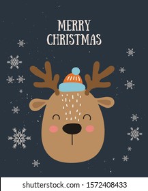 Merry Christmas and Happy New Year poster with cute deer and congratulation slogan. Vector cartoon doodle isolated illustration. Winter holidays, baby shower, birthday, children's party
