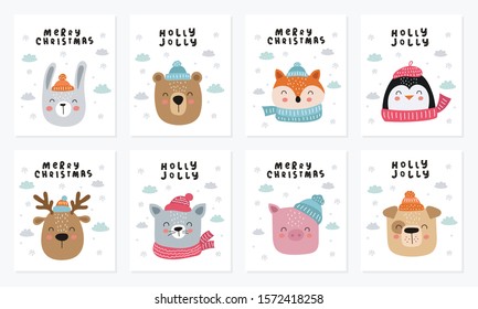 Merry Christmas and Happy New Year poster collection with cute animals. Vector set of cartoon doodle isolated illustrations. Winter holidays, baby shower, birthday, children's party