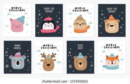 Merry Christmas and Happy New Year poster collection with cute animals. Vector set of cartoon doodle isolated illustrations. Winter holidays, baby shower, birthday, children's party