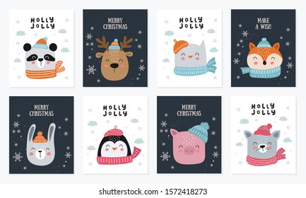 Merry Christmas and Happy New Year poster collection with cute animals. Vector set of cartoon doodle isolated illustrations. Winter holidays, baby shower, birthday, children's party
