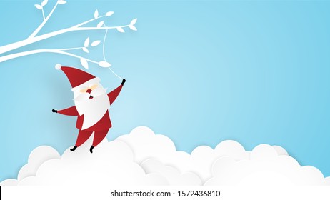 Merry Christmas and Happy new year greeting card in paper cut style. Paper craft flying Santa Claus in the sky.