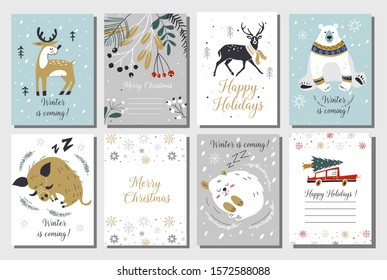 Merry Christmas and Happy New Year vector greeting cards set with cute animals. Hand drawn card set.Gift tags set, hand drawn style. Template Set for Greeting Scrapbooking, Invitations, Stickers.