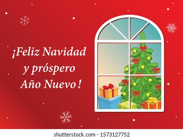 Merry Christmas and Happy New Year on spanish - red vector postcard with new year tree in window