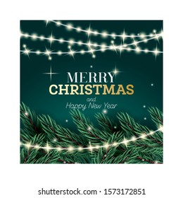  Merry Christmas and Happy New Year Greeting Card. Fir Branch with Neon Garland on Green Background. Vector Illustration.