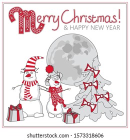 Merry Christmas and Happy New Year. Background with cartoon snowmen, Christmas tree decorated with bows, moon, festive gifts box. Red with grey and white ribbon letters. Xmas clothes: scarf, hat.