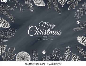 Merry Christmas and Happy New Year. Xmas background with gift box, Snowflakes and balls design.