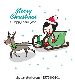 merry christmas happy new year santa claus vector illustration christmas snow christmas hat christmas dress decorate element girl character cartoon happiness cold sled Snowmobile reindeer present