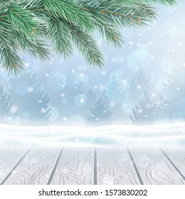 Merry Christmas and Happy New Year congratulation template. Pine tree silhouettes and snowfall. Winter background with branch of christmas tree and white wooden table. Holidays vector illustration