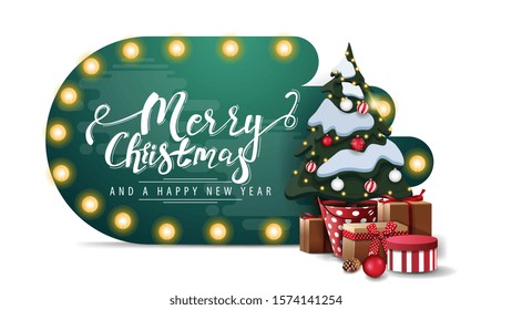 Merry Christmas and Happy New Year, green abstract shape card with bulb lights and Christmas tree in a pot with gifts isolated on white background