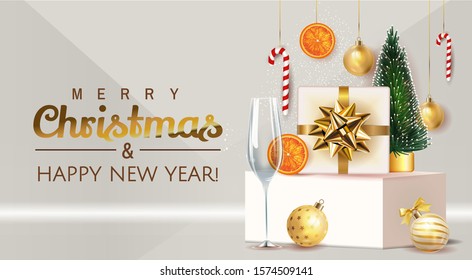 Merry Christmas and Happy New Year Holiday soft poster illustration with realistic vector 3d objects, Christmas tree, glass ball, gift box, gold confetti and champagne glass cup with lettering