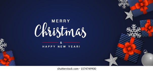 merry christmas and happy new year blue background card template with decoration elements vacation star party abstract holiday background scene ball new gold ceremony performance christmas rich celebr