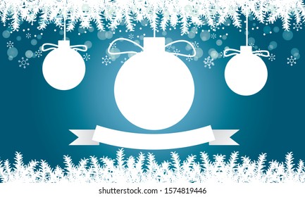 Merry Christmas and Happy New Year greeting card blue background. Xmas ball on winter  decoration design.
