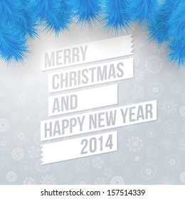 Merry Christmas and Happy New Year card. Stylized fir branches, cutout paper style. Vector illustration.