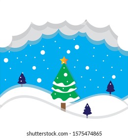 merry christmas and happy new year. Pine trees in the middle of the picture are snowing, white clouds, bright blue background.vector cartoon flat.