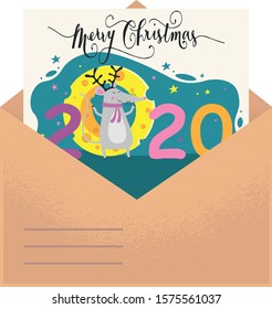 Merry Christmas and happy new year post card or print with a rat symbol of the next year, with tasty cheese. Creative cute seasonal greeting or invitation.