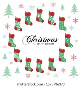 Merry Christmas and Happy New Year decoration elements set with different socks designs in green and red colors. Fir trees, snowflakes, Christmas typography. Vector illustration.