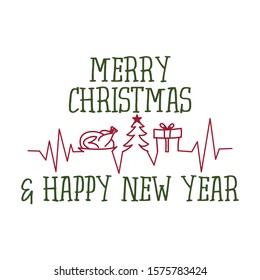 Merry Christmas and Happy New year - funny greeting with heartbeat diagram with christmas symbols (xmas tree, dinner and gift). 