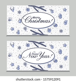 Merry Christmas and Happy New Year cards. Blue on white.
