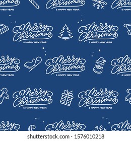 Merry Christmas and Happy New Year seamless pattern. Season greetings typography with hand drawn design elements for wrapping paper prints decoration needs. Vector vintage illustration.