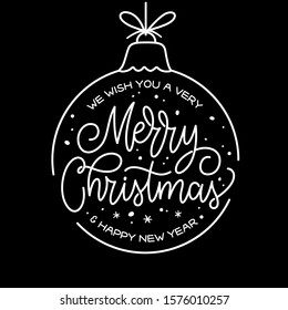 Merry Christmas Happy New Year greeting card. Beautiful typographical invitation with Christmas decorations and snowflakes. Modern gold lettering on black background. Vector illustration.