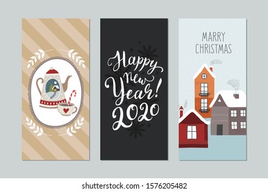 Merry Christmas and Happy New Year hand drawn card. Set of 3 elements for Christmas cards or invitations with beautiful lettering and illustrations: houses and a cocoa drink. Set of vector icons.