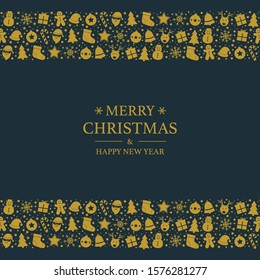Merry Christmas and Happy New Year. Festive greeting card with icons and wishes. Vector