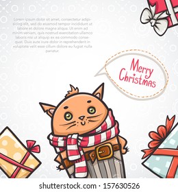 Merry Christmas and Happy New Year postcard with gift boxes and cat