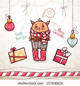 Merry Christmas and Happy New Year postcard with cat