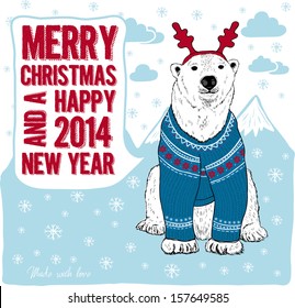 Merry Christmas and Happy New Year card with polar bear in sweater 