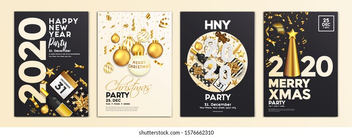 Merry Christmas and Happy New Year Brochure Design Layout Template in A4 size with golden ornaments, gift boxes and snowflakes on dark background. Abstract Modern Backgrounds, Party poster. Vector