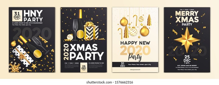 Merry Christmas and Happy New Year Brochure Design Layout Template in A4 size with golden ornaments, gift boxes and snowflakes on dark background. Abstract Modern Backgrounds, Party poster. Vector