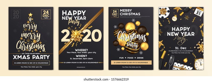 Merry Christmas and Happy New Year Brochure Design Layout Template in A4 size with golden ornaments, gift boxes and snowflakes on dark background. Abstract Modern Backgrounds, Party poster. Vector