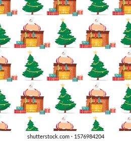 Merry Christmas and Happy New Year Textile or Wrapping Paper Print with Cute Santa Claus Stand at Fireplace with Gifts and Decorated Fir Tree on White Background. Cartoon Flat Vector Illustration