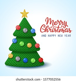 Merry Christmas and Happy New Year greeting card. Hand drawn lettering  with knitted Christmas tree on blue gradient background

