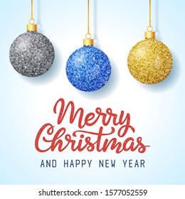 Merry Christmas and Happy New Year greeting card. Hand drawn lettering  with  Christmas tree decorations on blue gradient background