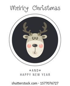 Merry christmas and happy new year greeting card. Cartoon christmas character. The head of a cute funny rosy deer. Vector illustration.