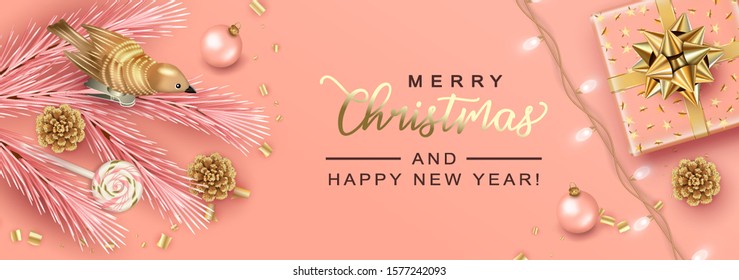 Merry Christmas and Happy New Year background. Christmas vector card with a gift, fir twigs, toy bird, gold pine cone and Christmas lights. Horizontal Christmas poster, website header