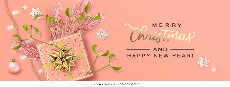 Merry Christmas and Happy New Year background. Christmas vector card with a gift, fir twigs, mistletoe and Christmas lights. Horizontal Christmas poster, website header