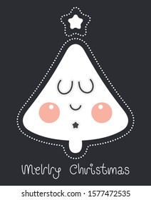 Merry christmas and happy new year greeting card. Cartoon christmas character. Cute rosy christmas tree. Vector illustration.