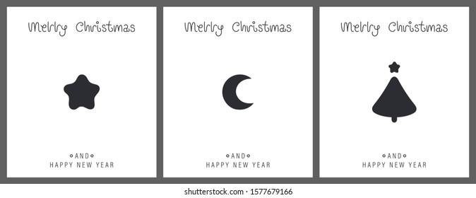 Merry christmas and happy new year greeting card. Greeting card with the inscription, Christmas tree, moon and star. Vector illustration.