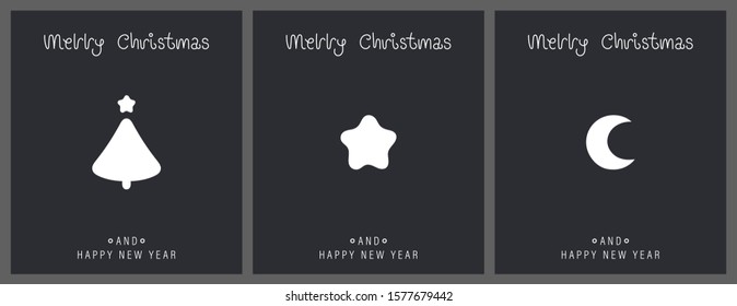 Merry christmas and happy new year greeting card. Greeting card with the inscription, Christmas tree, moon and star. Vector illustration.