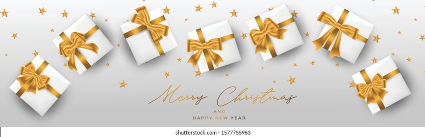 Merry Christmas and a Happy New Year banner or header. Simple luxurious elegant design with golden stars, gift box -  presents. Winter holidays concept. Vector illustration.